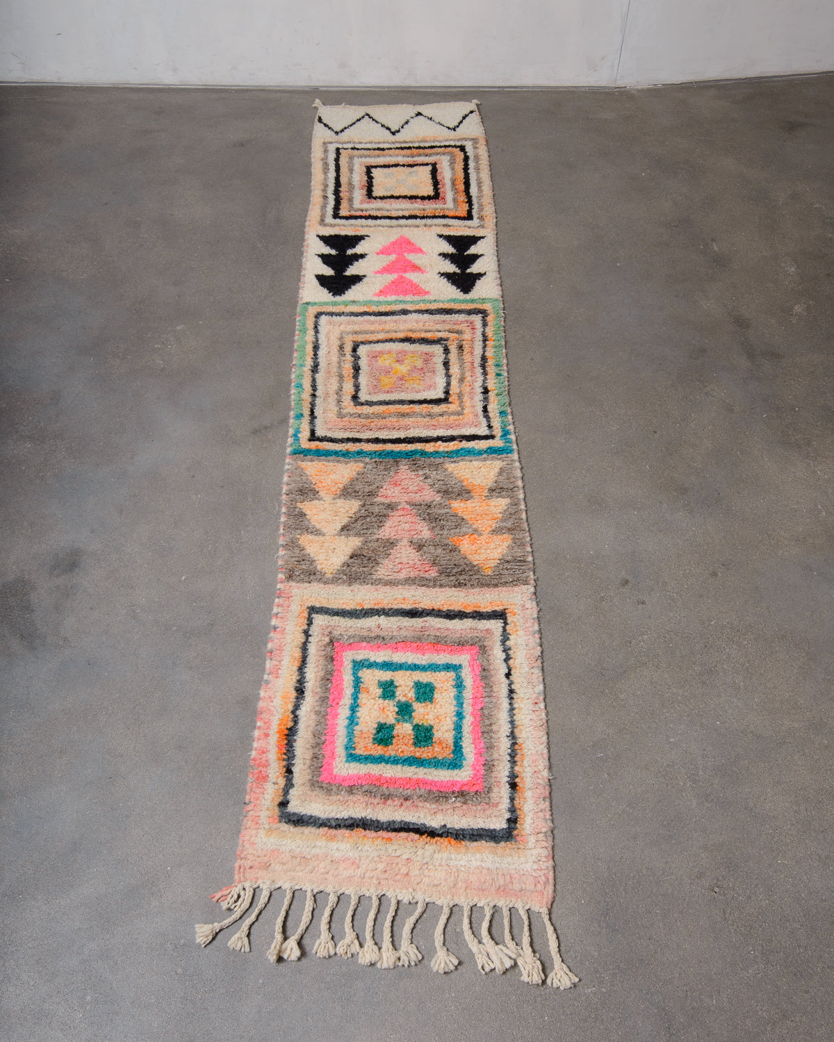 Modern, designer, handcrafted Berber runner rug from Morocco. Vintage carpet with beautiful colours and patterns and fluffy texture.